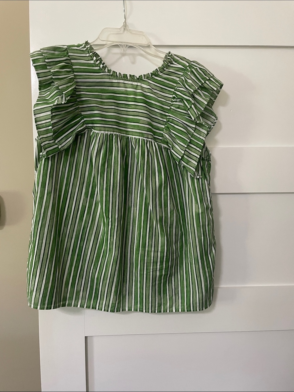 LOFT Green and White Striped Ruffle-Sleeve Blouse